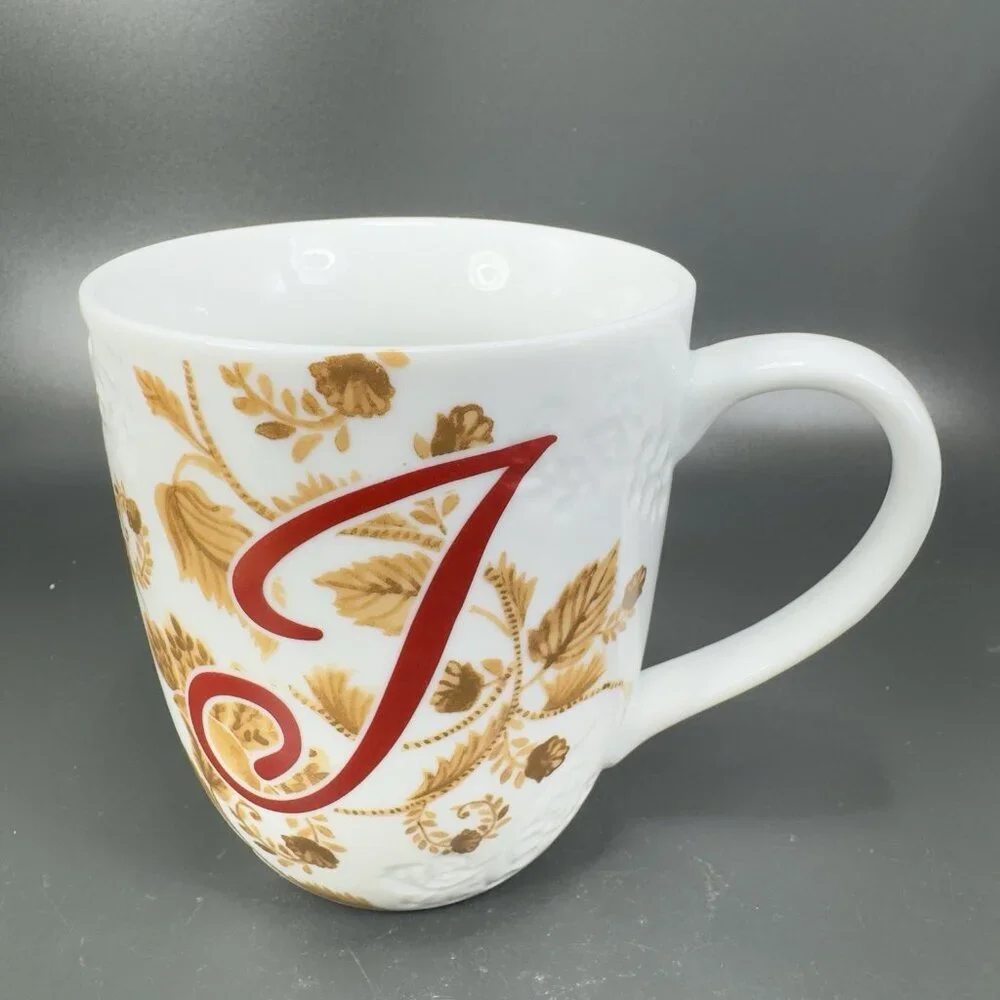 Pier 1 Porcelain Coffee Mug Cup Initial Letter‎ J Monogram Brown Leafs Pattern